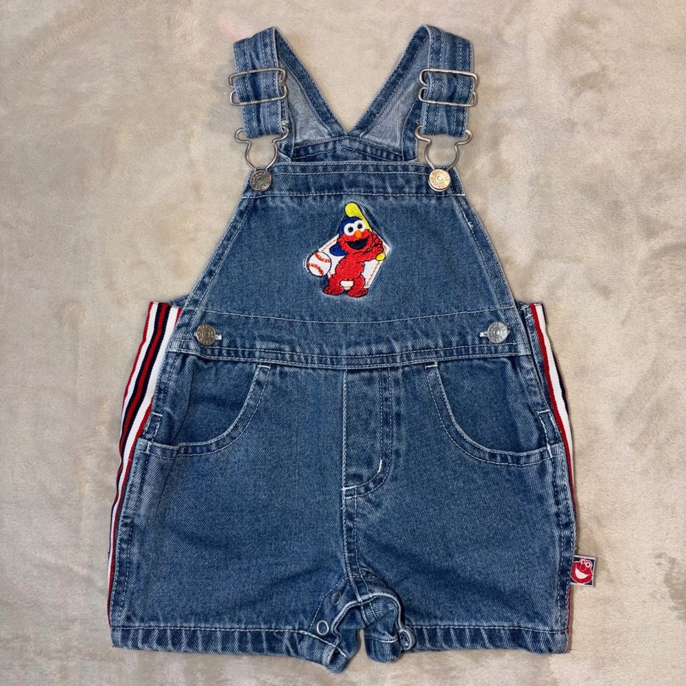 Vintage Sesame Street Elmo Baseball Denim Overalls 3/6M Blue Y2K Shortalls